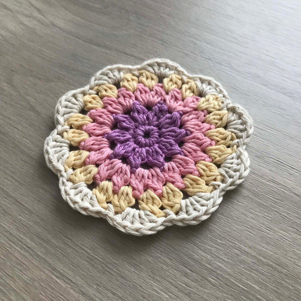 100% Organic Cotton Crochet Coaster - Purple, Pink, Yellow & Cream