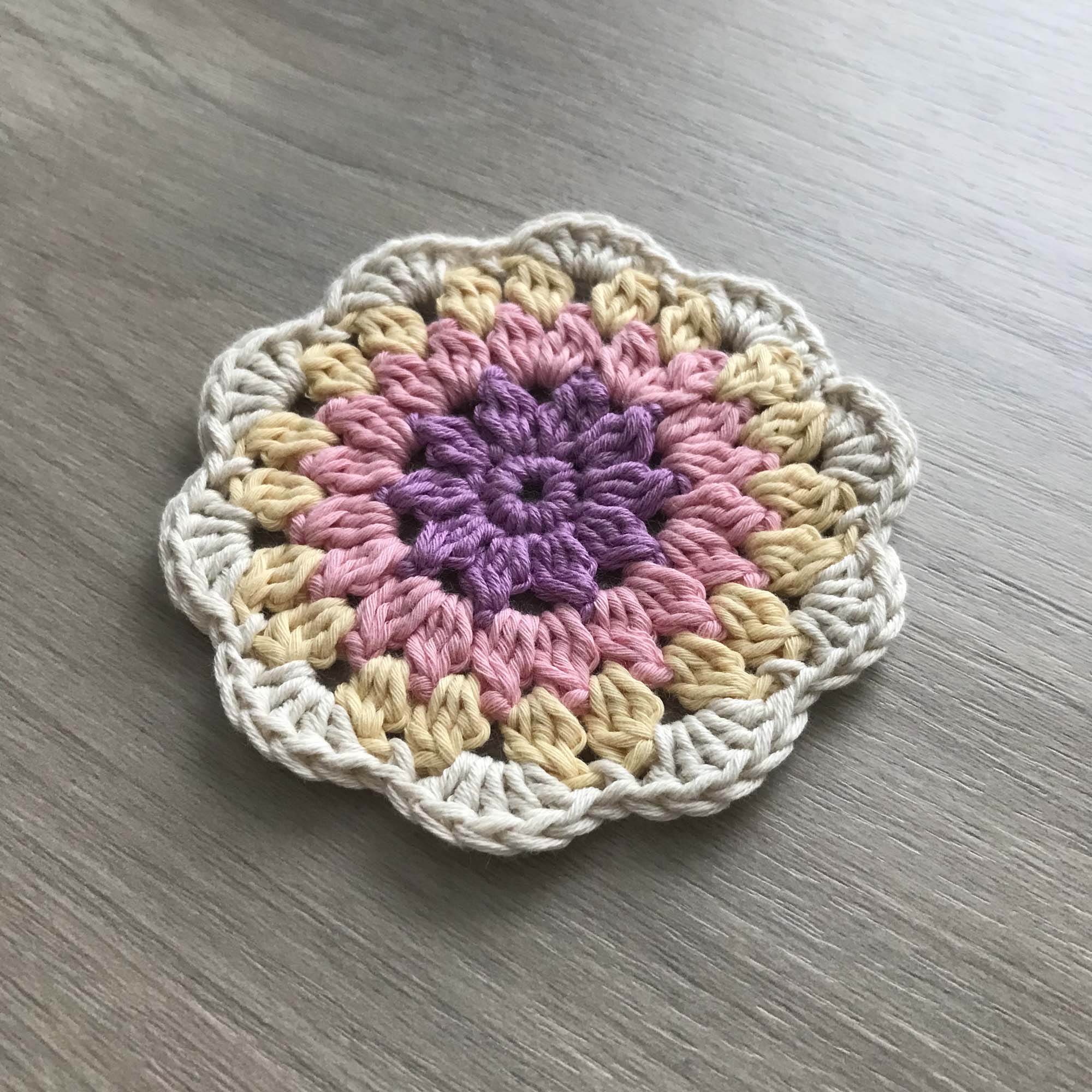 100% Organic Cotton Crochet Coaster - Purple, Pink, Yellow & Cream