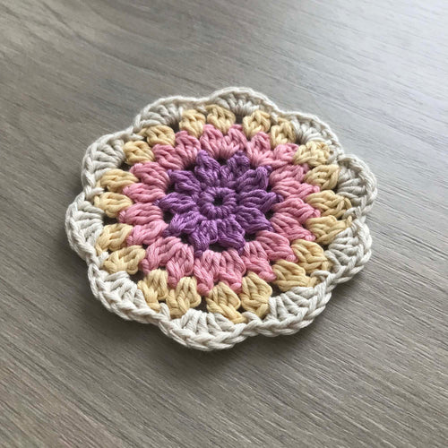 100% Organic Cotton Crochet Coaster - Purple, Pink, Yellow & Cream