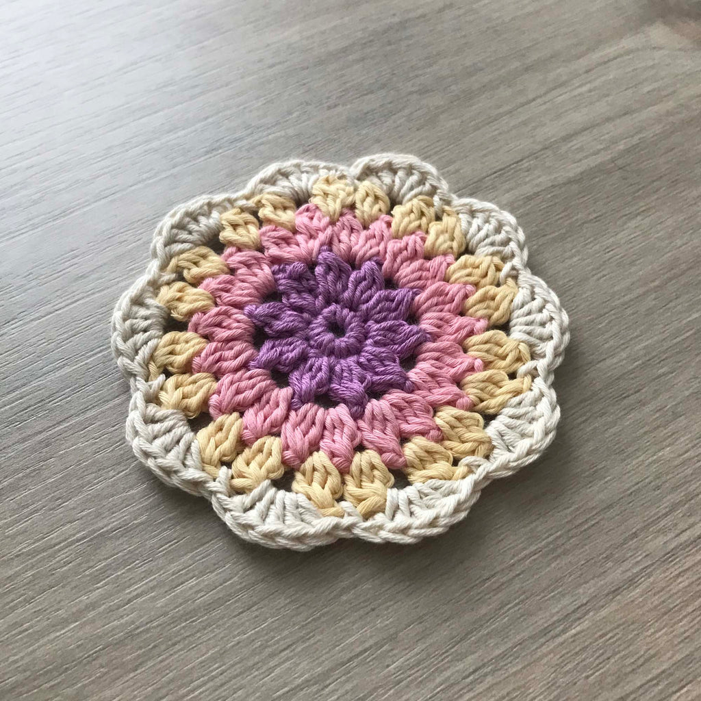 100% Organic Cotton Crochet Coaster - Purple, Pink, Yellow & Cream