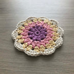 100% Organic Cotton Crochet Coaster - Purple, Pink, Yellow & Cream