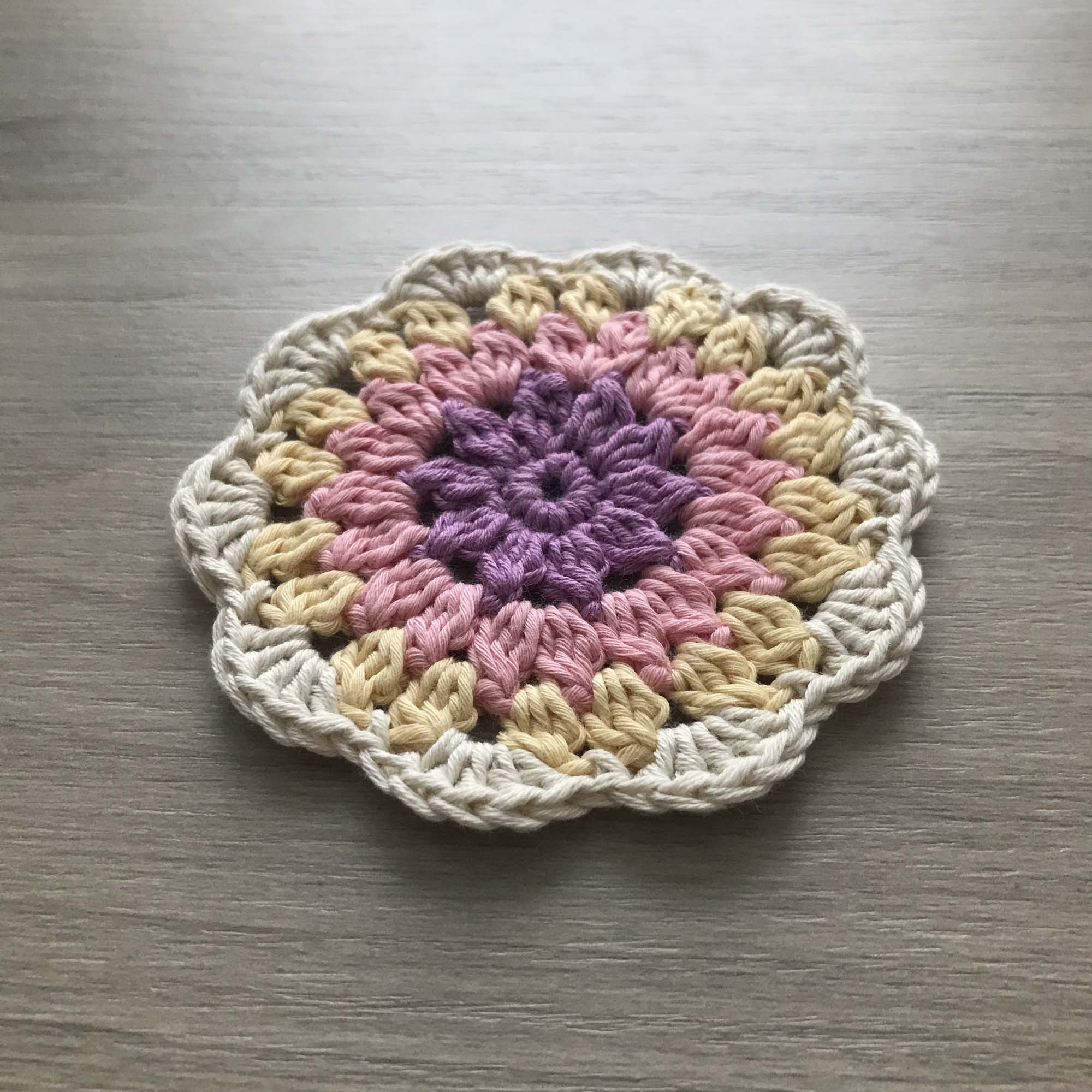 100% Organic Cotton Crochet Coaster - Purple, Pink, Yellow & Cream