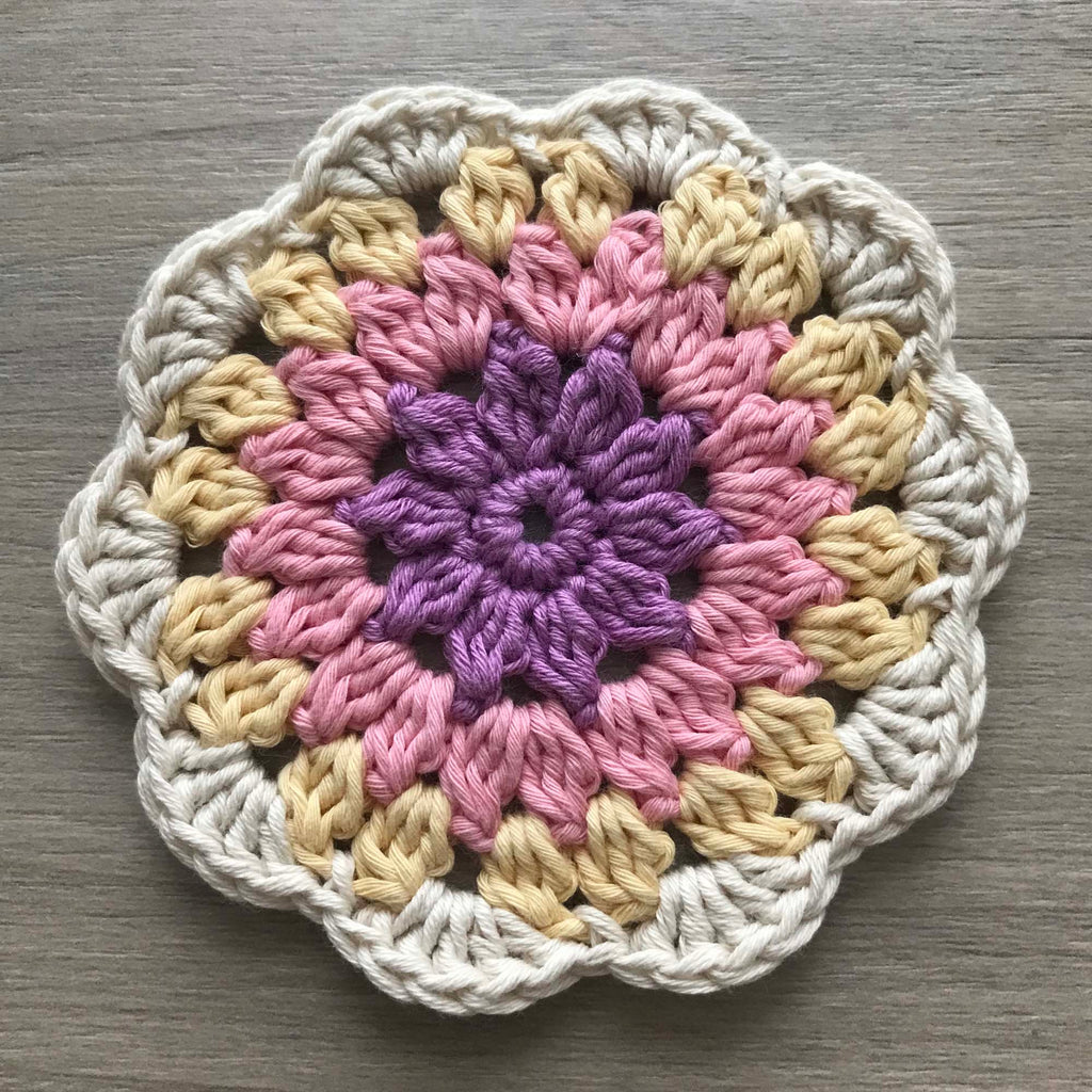 100% Organic Cotton Crochet Coaster - Purple, Pink, Yellow & Cream