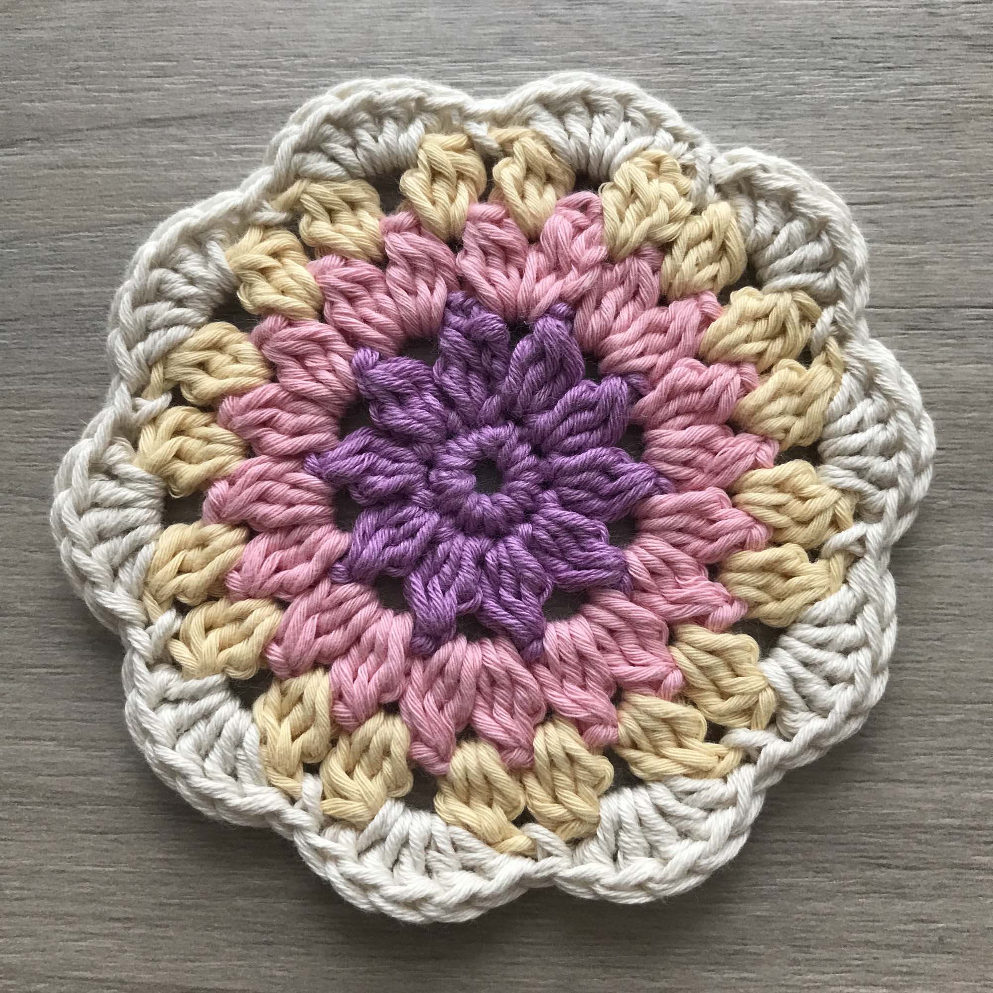 100% Organic Cotton Crochet Coaster - Purple, Pink, Yellow & Cream