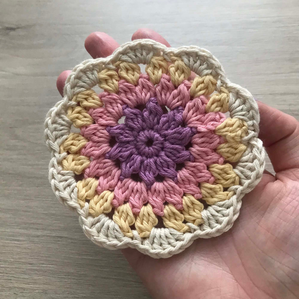 100% Organic Cotton Crochet Coaster - Purple, Pink, Yellow & Cream