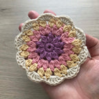 100% Organic Cotton Crochet Coaster - Purple, Pink, Yellow & Cream