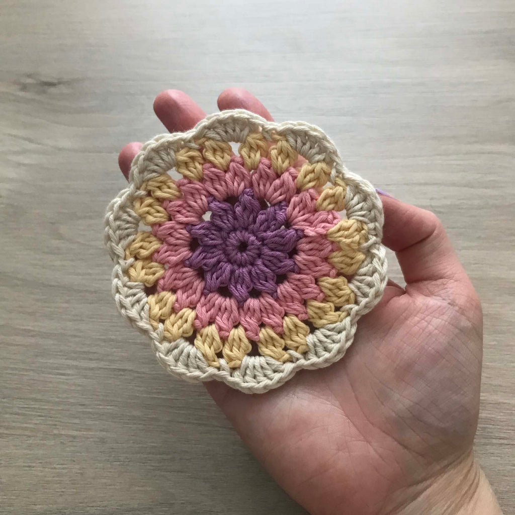 100% Organic Cotton Crochet Coaster - Purple, Pink, Yellow & Cream