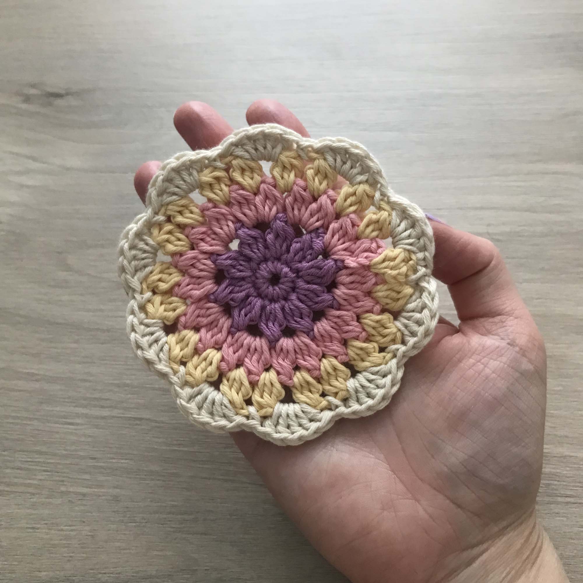 100% Organic Cotton Crochet Coaster - Purple, Pink, Yellow & Cream