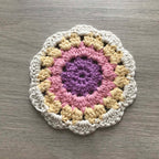 100% Organic Cotton Crochet Coaster - Purple, Pink, Yellow & Cream