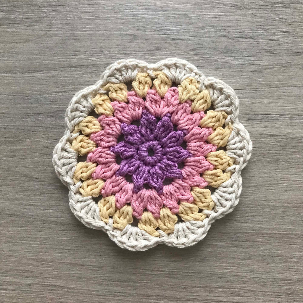 100% Organic Cotton Crochet Coaster - Purple, Pink, Yellow & Cream