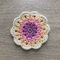 100% Organic Cotton Crochet Coaster - Purple, Pink, Yellow & Cream