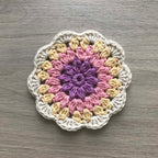 100% Organic Cotton Crochet Coaster - Purple, Pink, Yellow & Cream