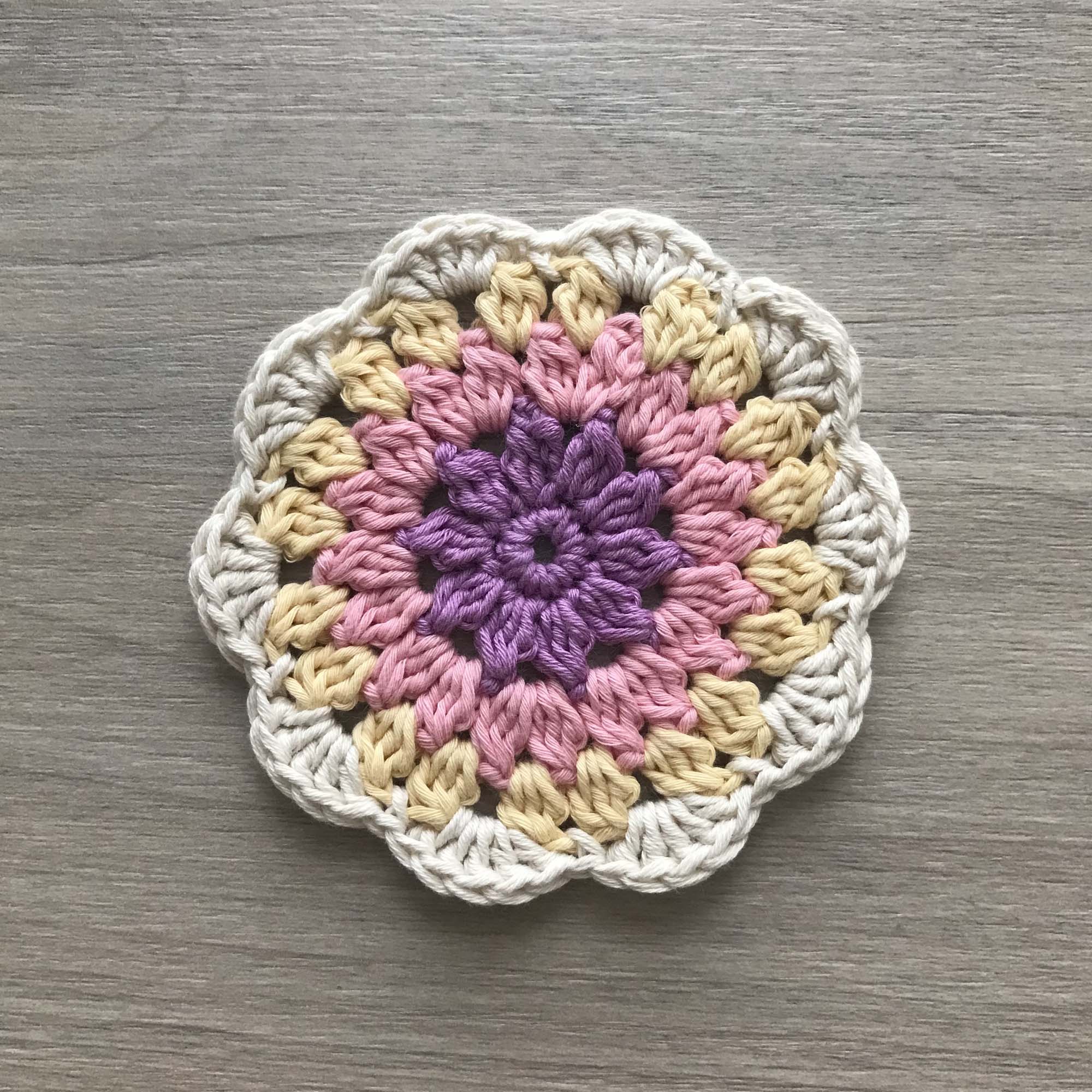 100% Organic Cotton Crochet Coaster - Purple, Pink, Yellow & Cream