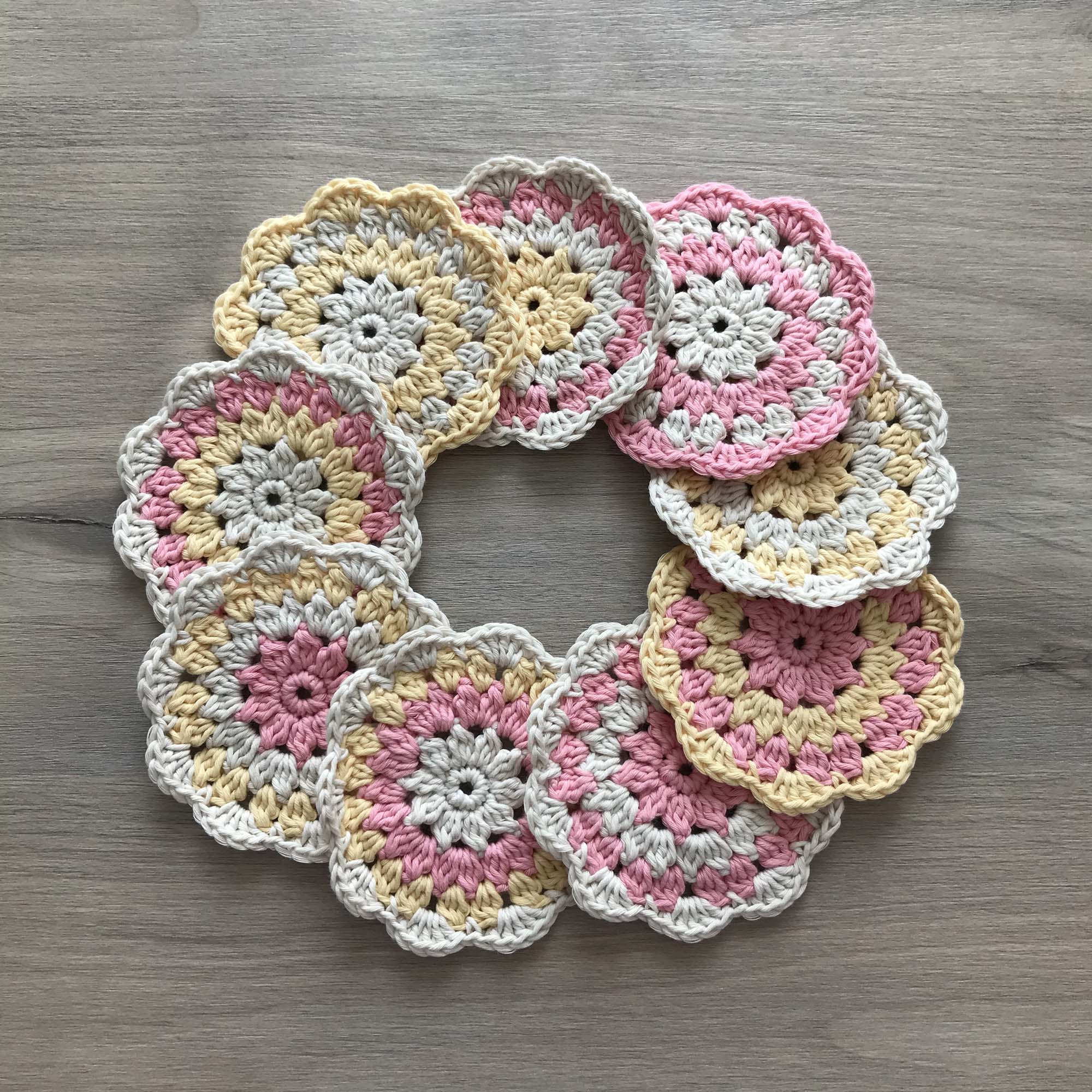 100% Organic Cotton Crochet Coaster - Cream, Pink, Yellow & Cream