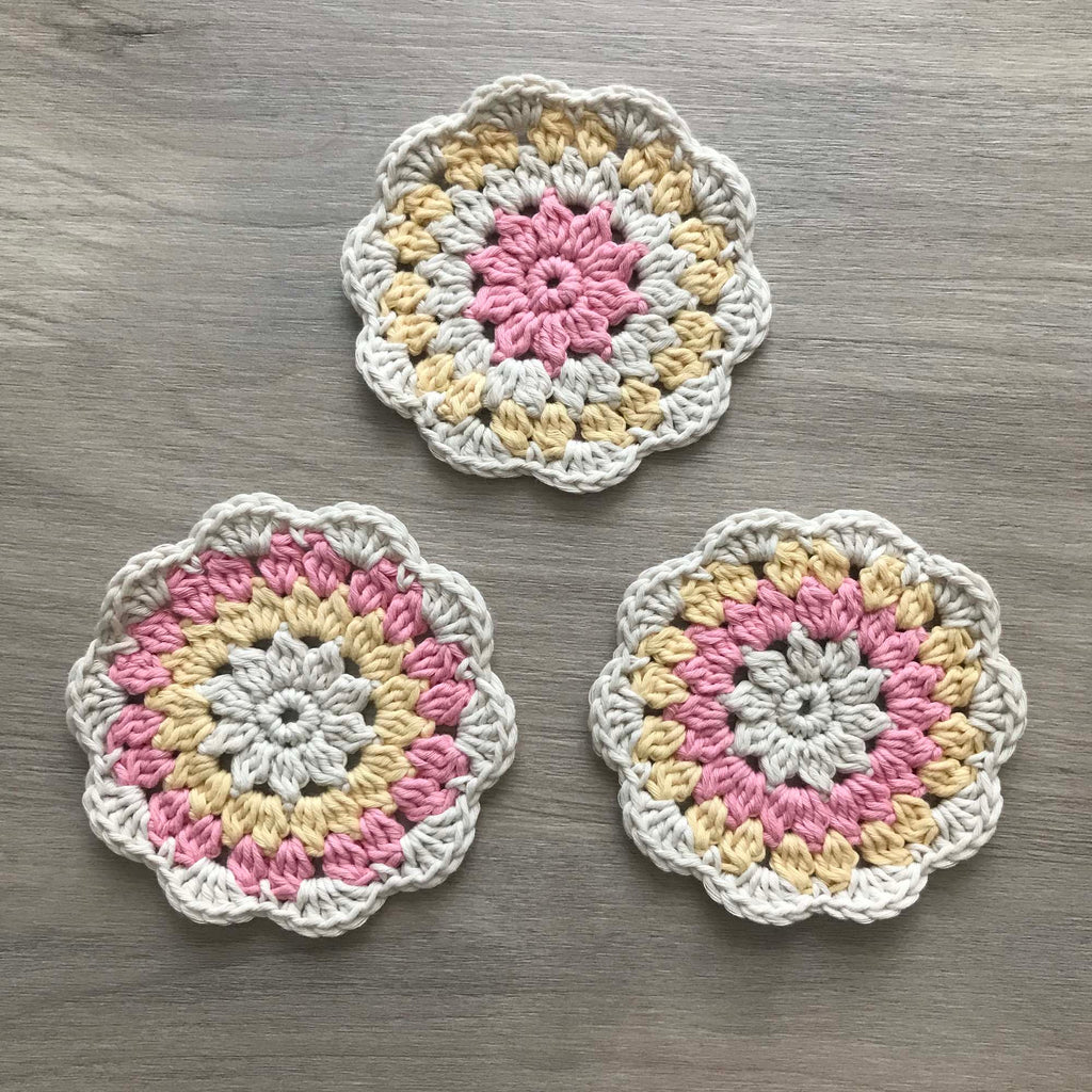 100% Organic Cotton Crochet Coaster - Cream, Pink, Yellow & Cream