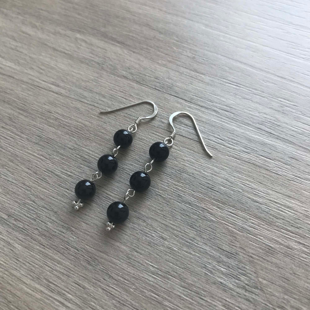 Handmade Sterling Silver Black Onyx 3 Bead Drop Earrings