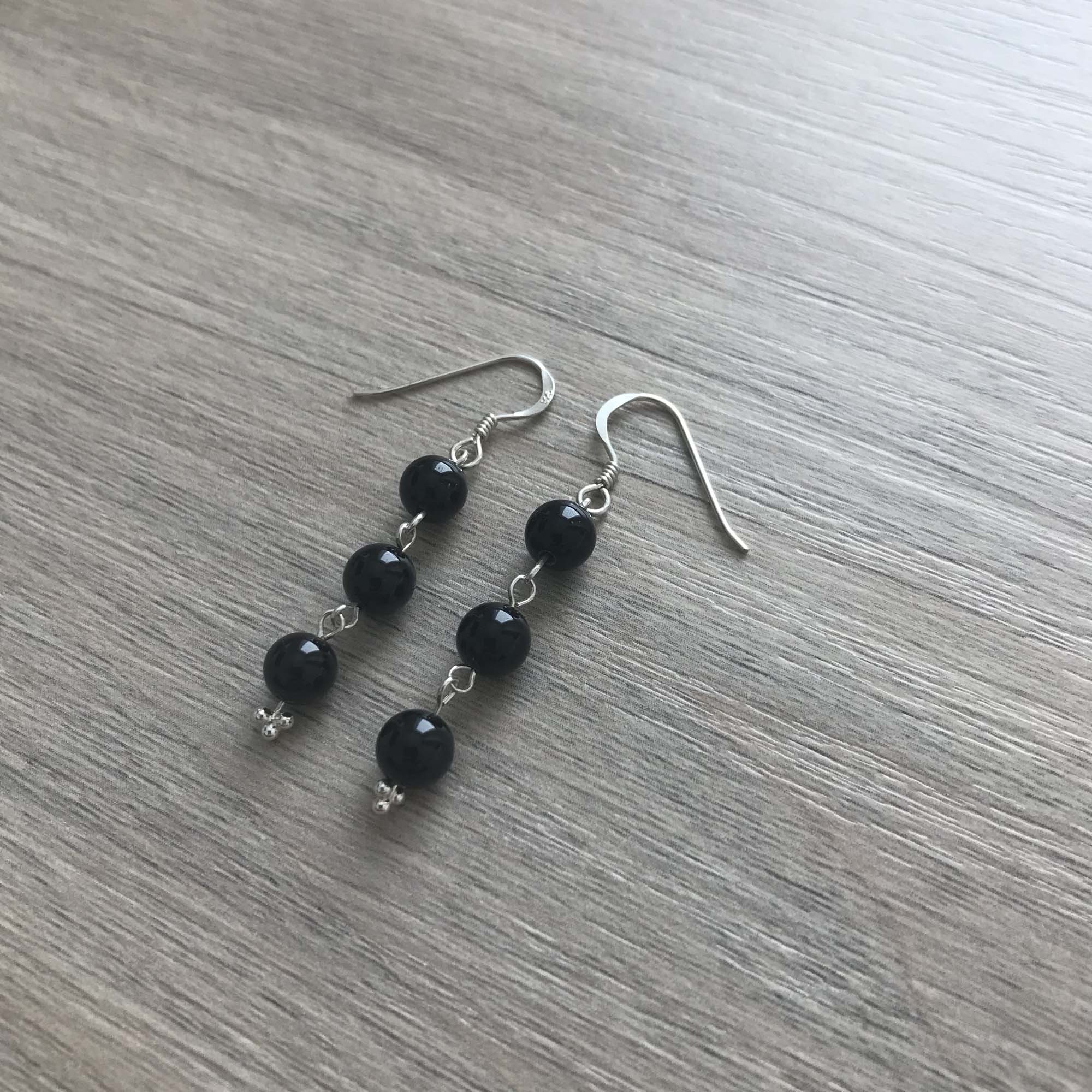 Handmade Sterling Silver Black Onyx 3 Bead Drop Earrings