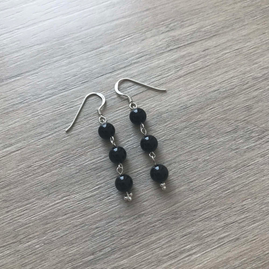 Handmade Sterling Silver Black Onyx 3 Bead Drop Earrings