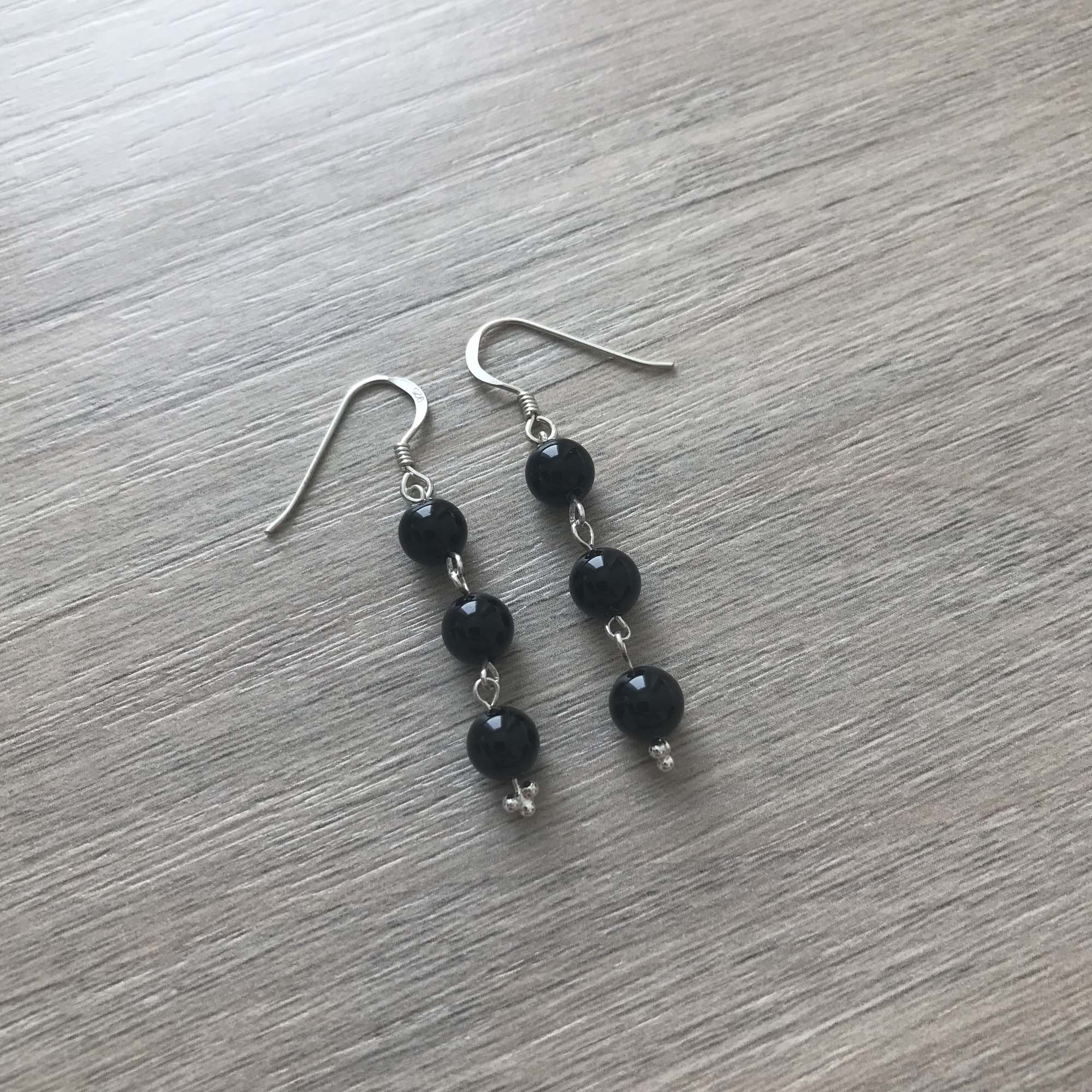Handmade Sterling Silver Black Onyx 3 Bead Drop Earrings
