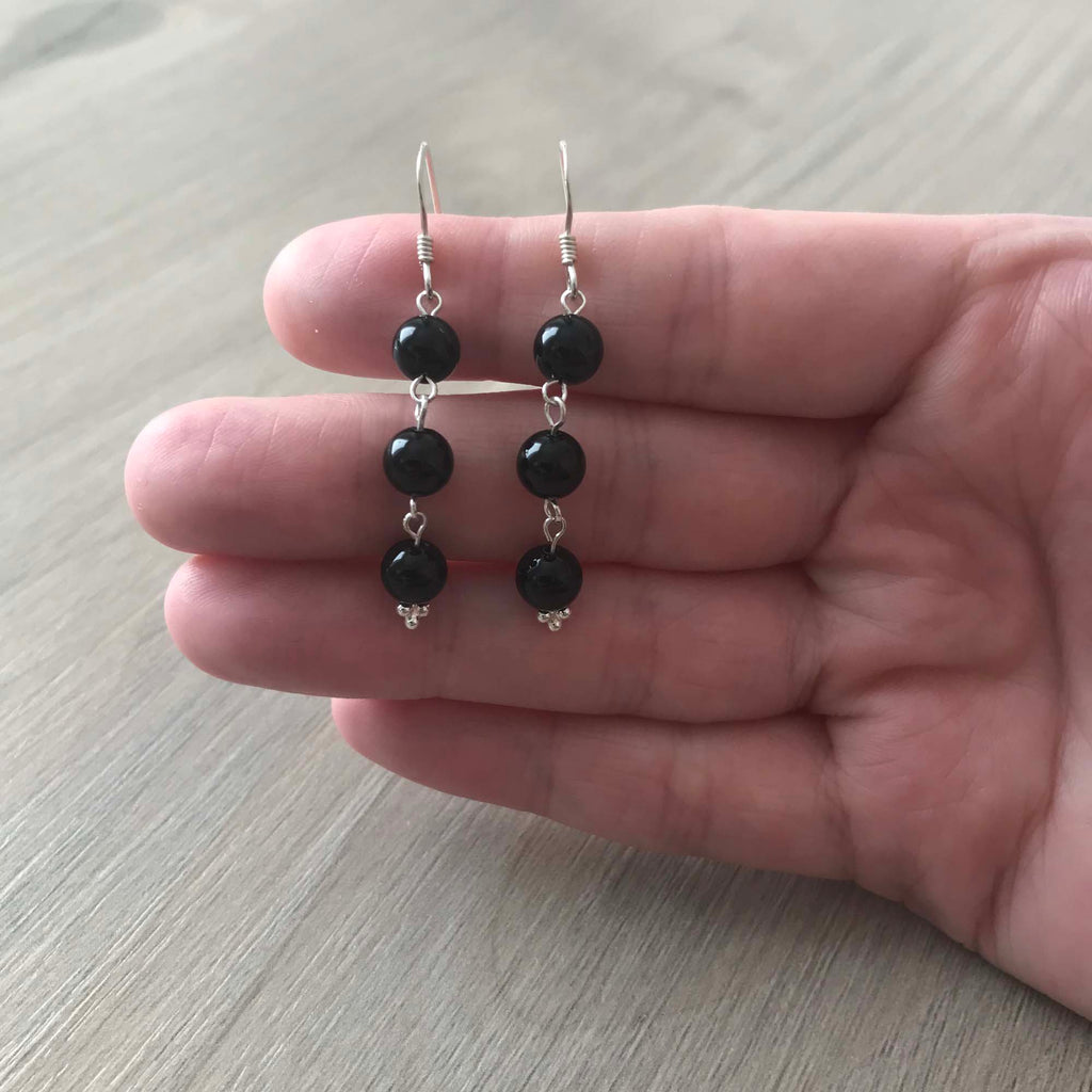 Handmade Sterling Silver Black Onyx 3 Bead Drop Earrings