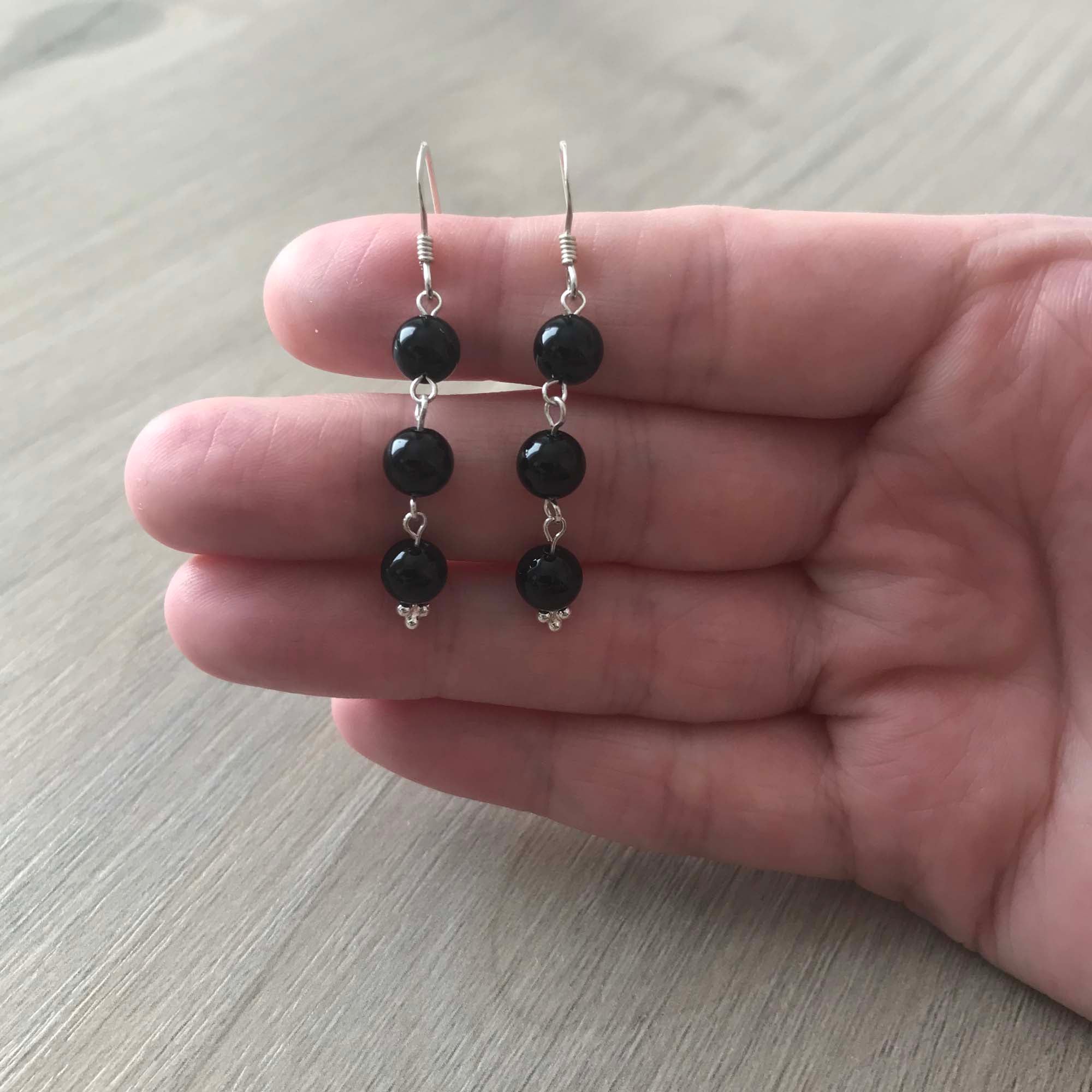 Handmade Sterling Silver Black Onyx 3 Bead Drop Earrings
