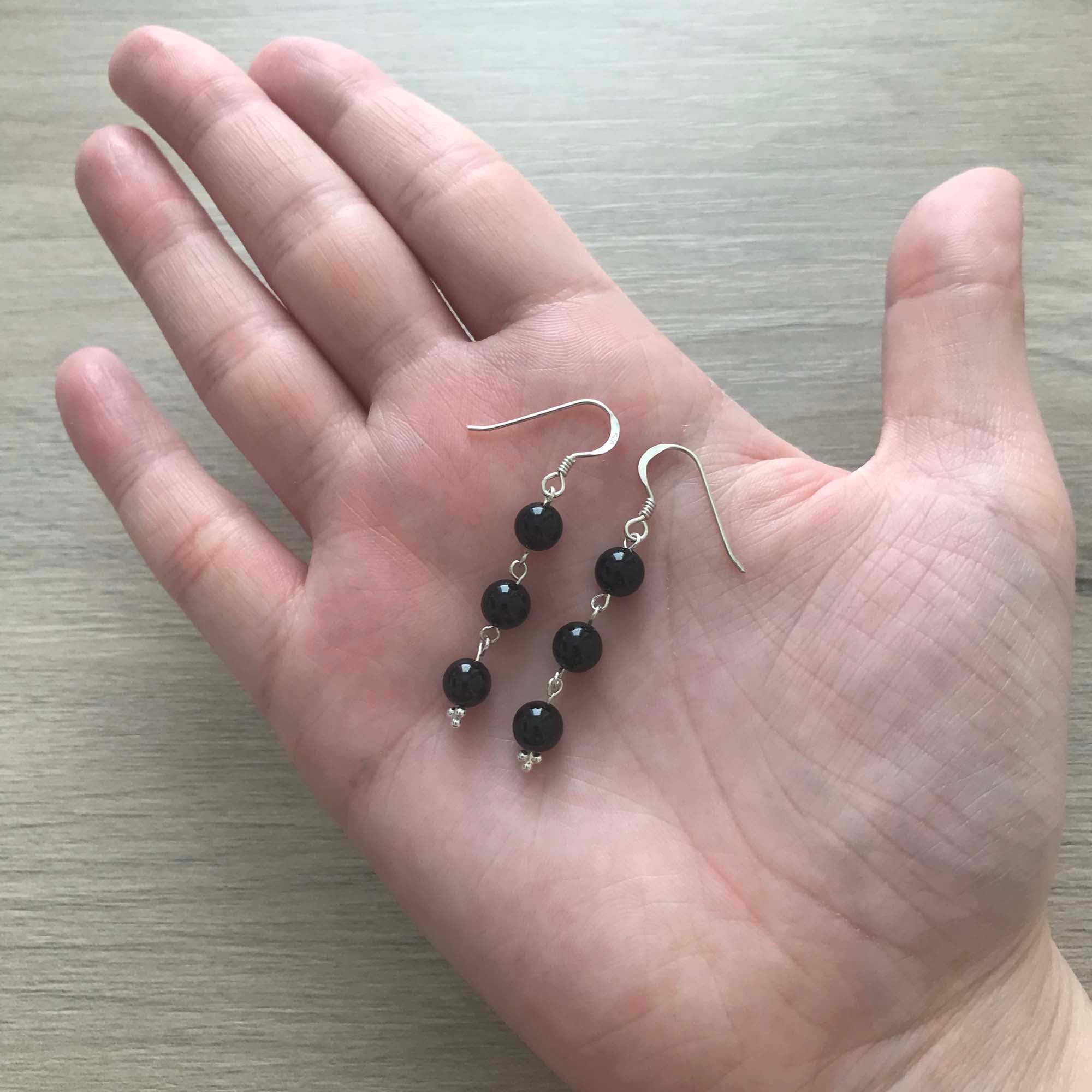 Handmade Sterling Silver Black Onyx 3 Bead Drop Earrings