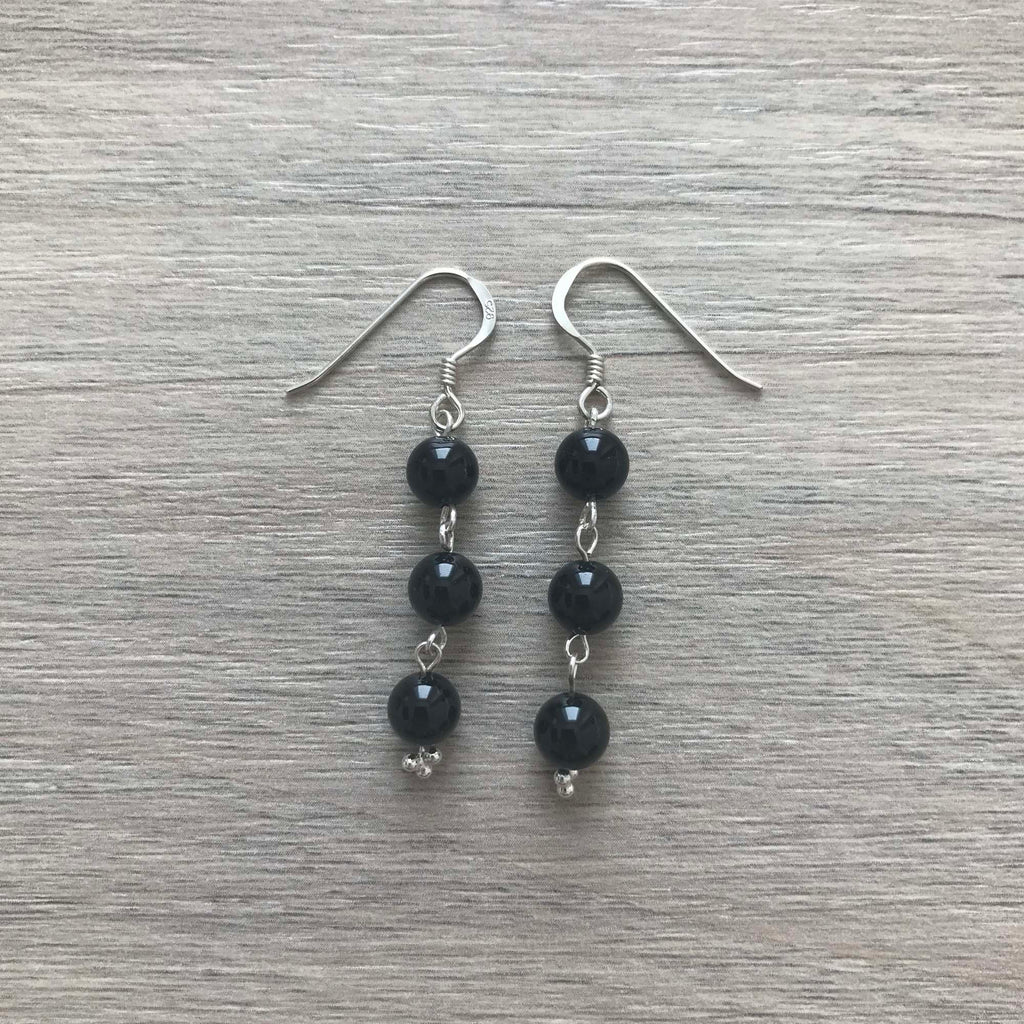 Handmade Sterling Silver Black Onyx 3 Bead Drop Earrings