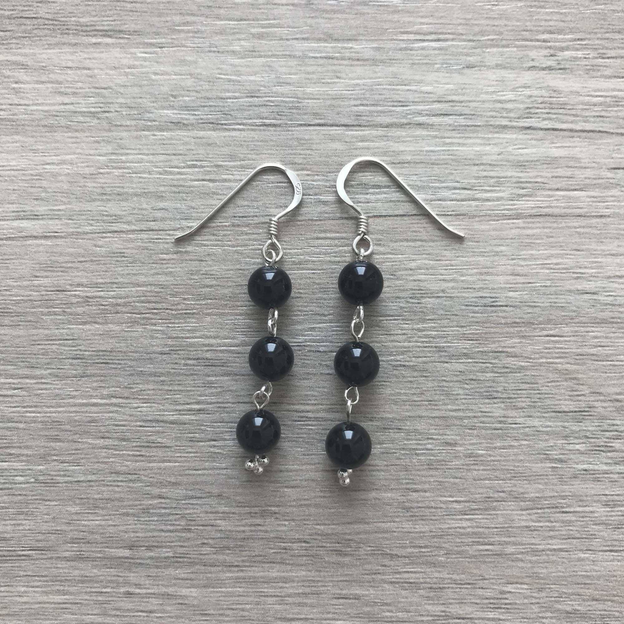 Handmade Sterling Silver Black Onyx 3 Bead Drop Earrings