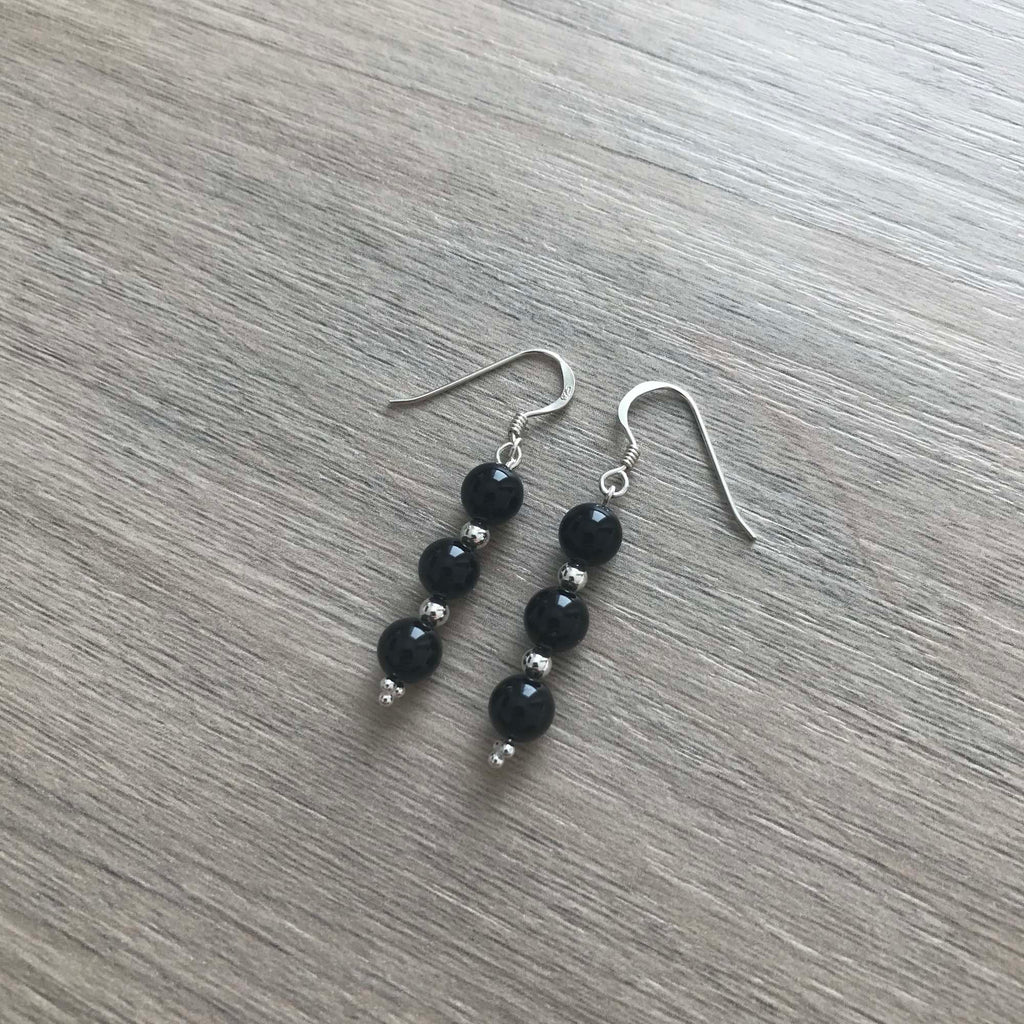 Handmade Sterling Silver Black Onyx 3 Bead Drop Earrings