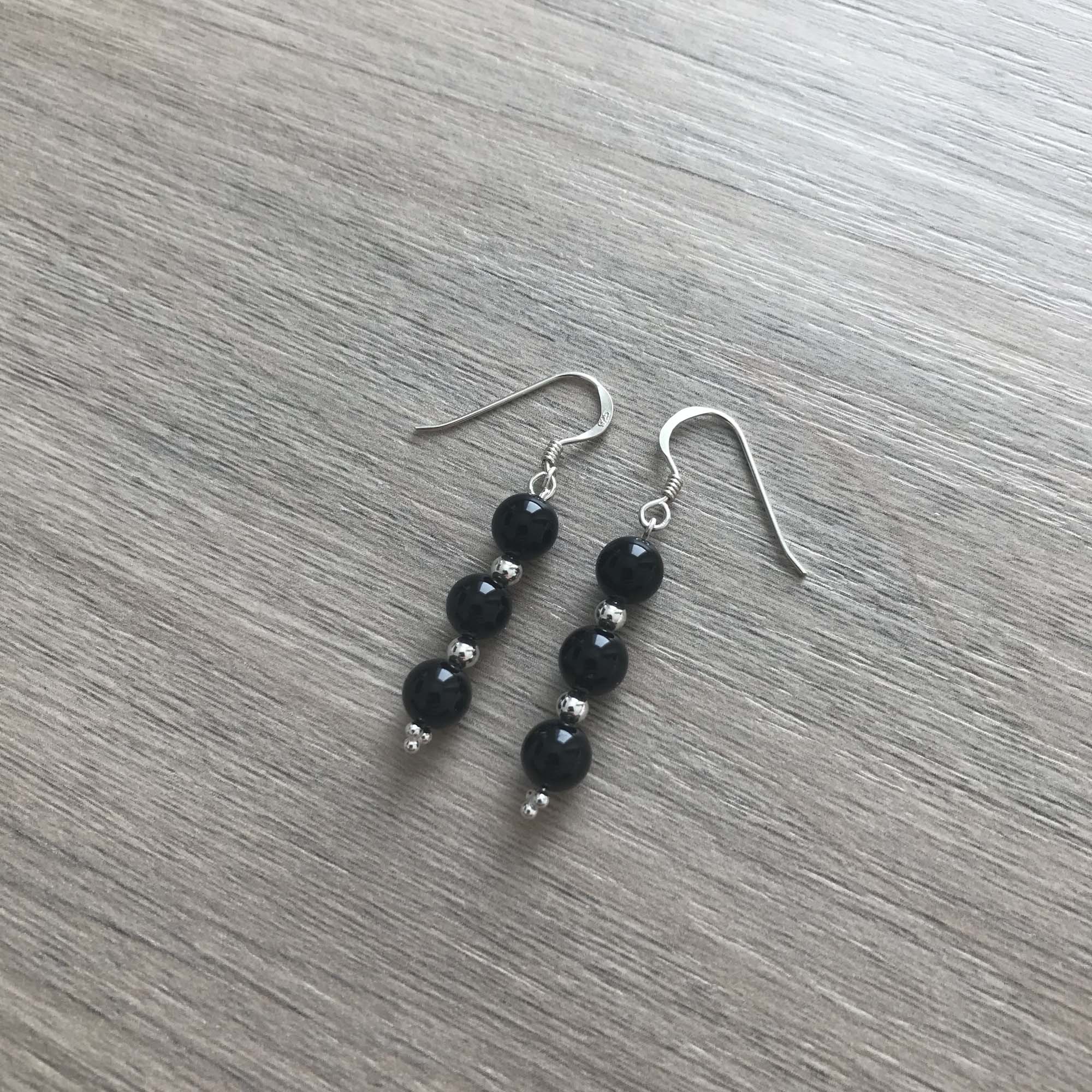 Handmade Sterling Silver Black Onyx 3 Bead Drop Earrings