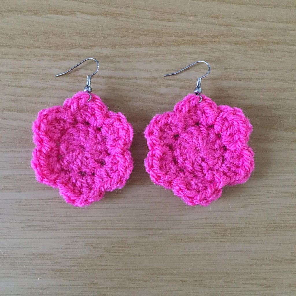 Pink Crochet Flower Surgical Steel Hook Earrings