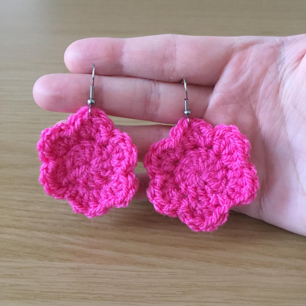 Pink Crochet Flower Surgical Steel Hook Earrings