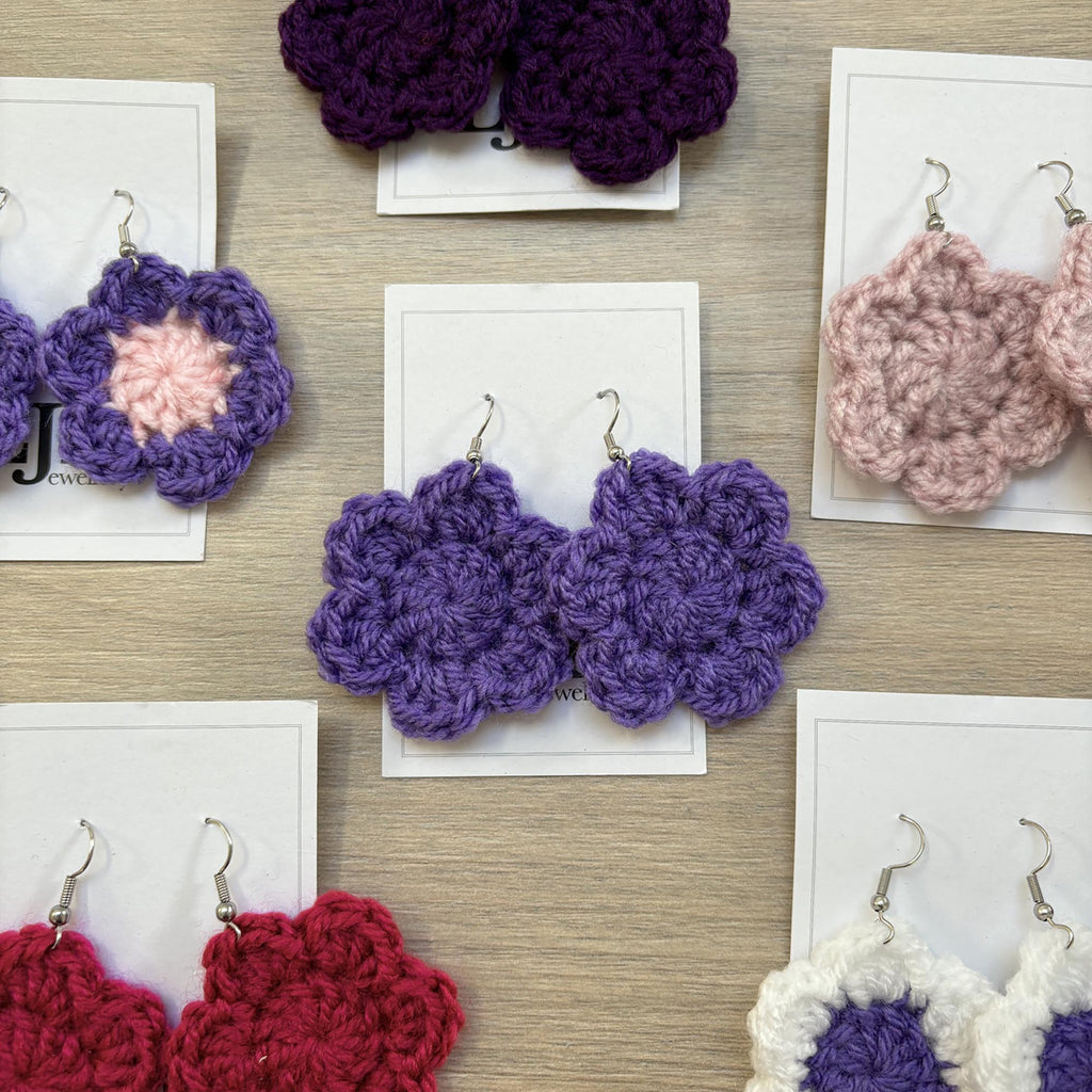 Purple Crochet Flower Surgical Steel Hook Earrings