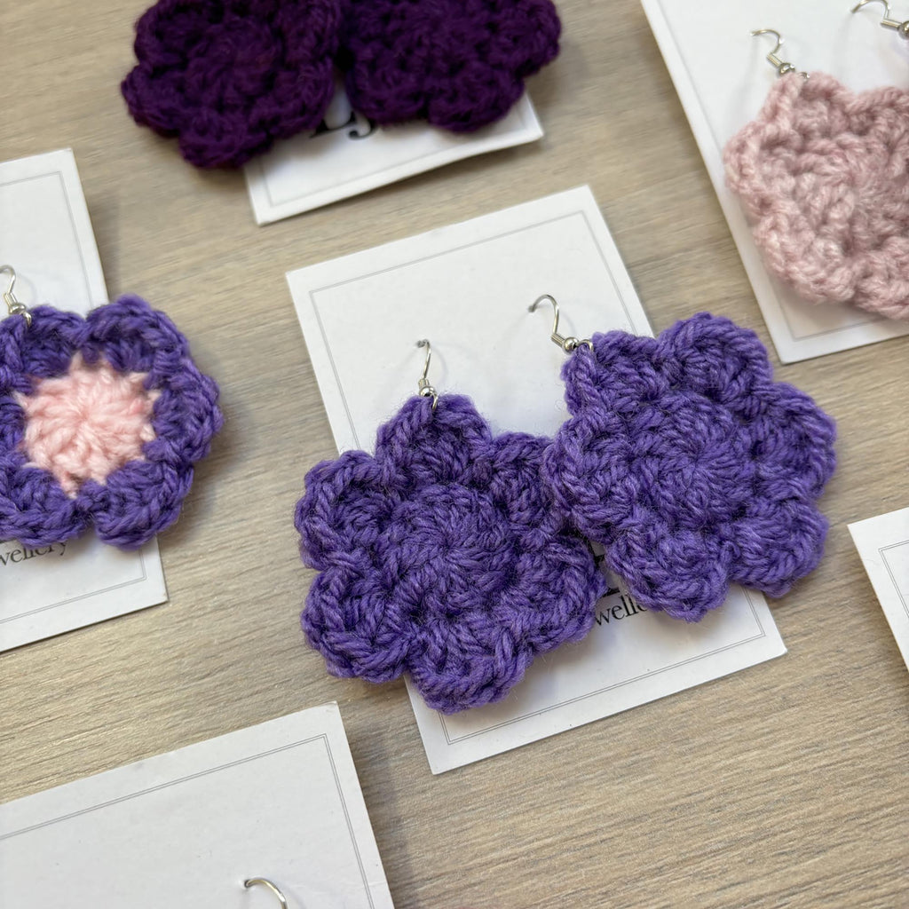 Purple Crochet Flower Surgical Steel Hook Earrings