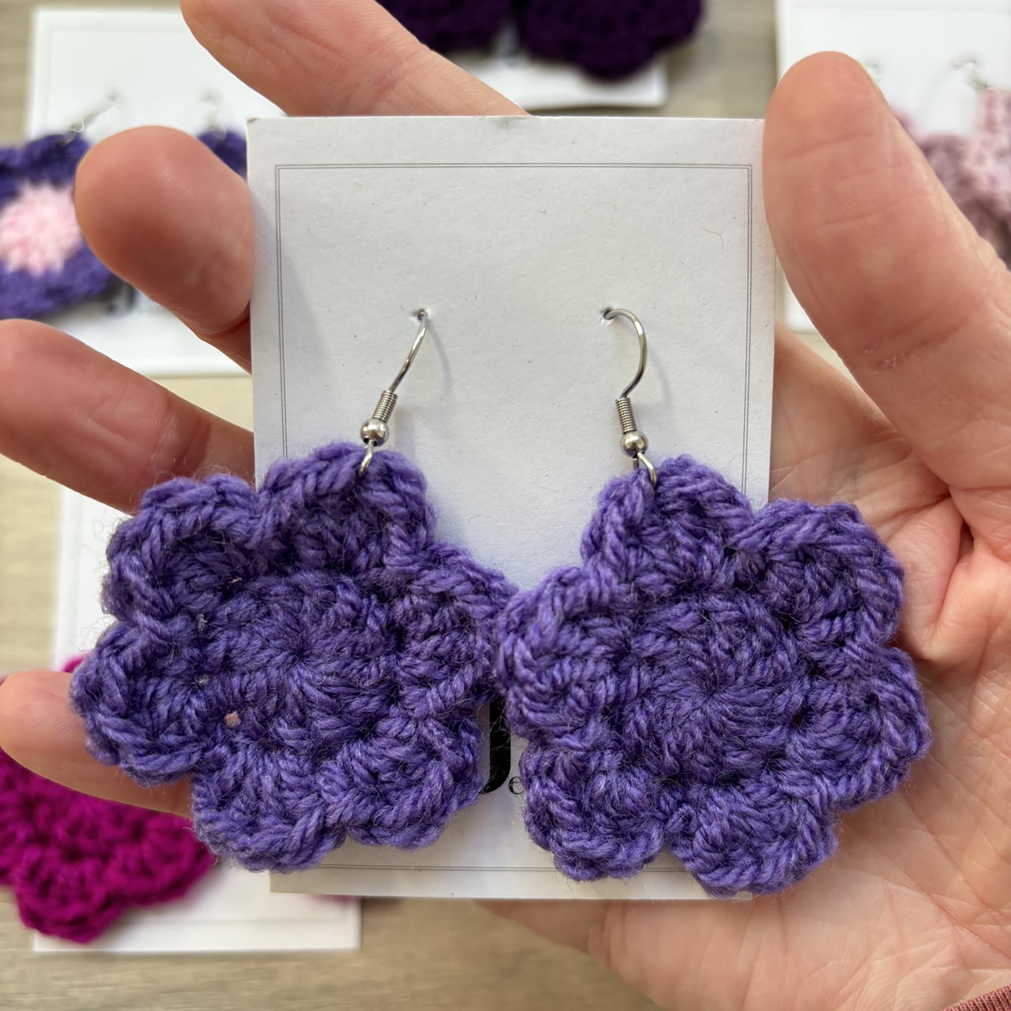 Purple Crochet Flower Surgical Steel Hook Earrings