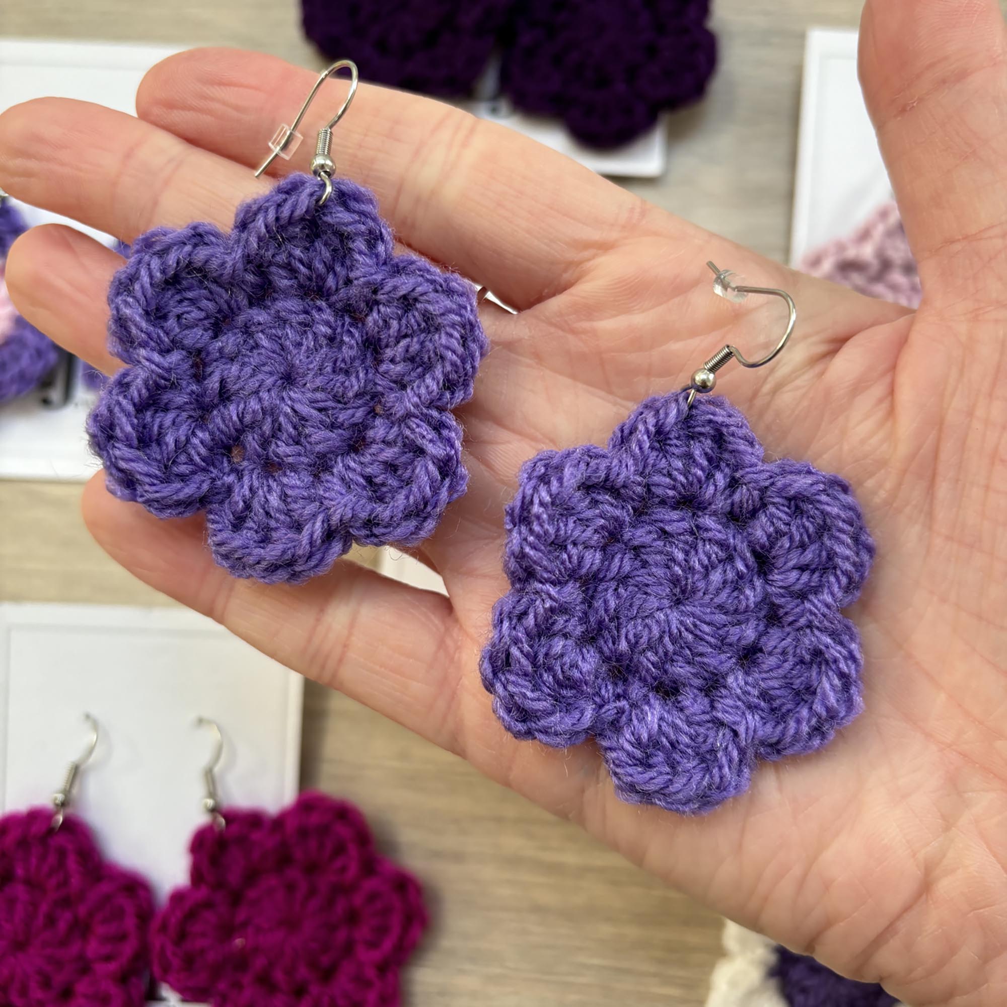 Purple Crochet Flower Surgical Steel Hook Earrings