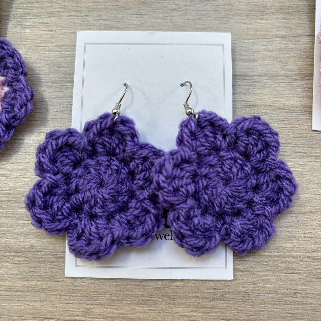 Purple Crochet Flower Surgical Steel Hook Earrings