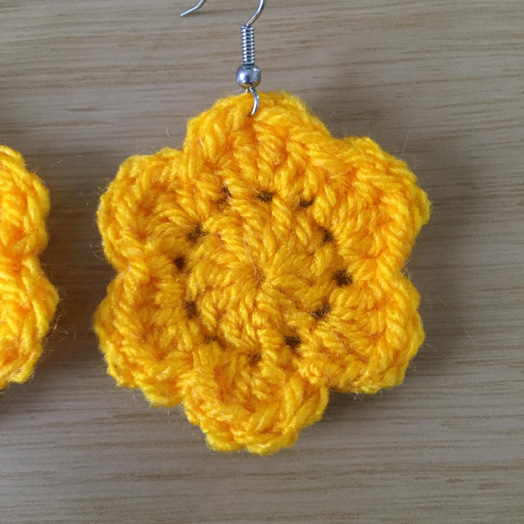 Yellow Crochet Flower Surgical Steel Hook Earrings