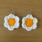Yellow and White Daisy Crochet Flower Surgical Steel Hook Earrings