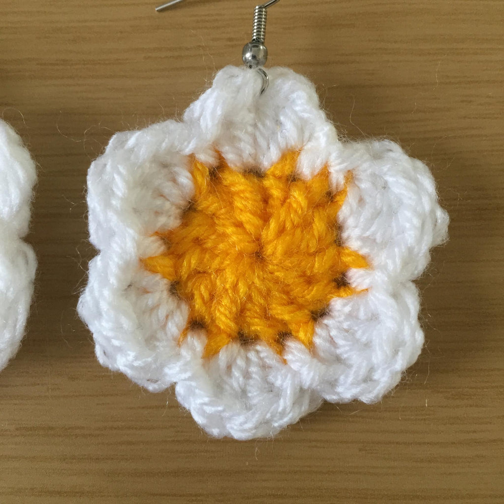 Yellow and White Daisy Crochet Flower Surgical Steel Hook Earrings