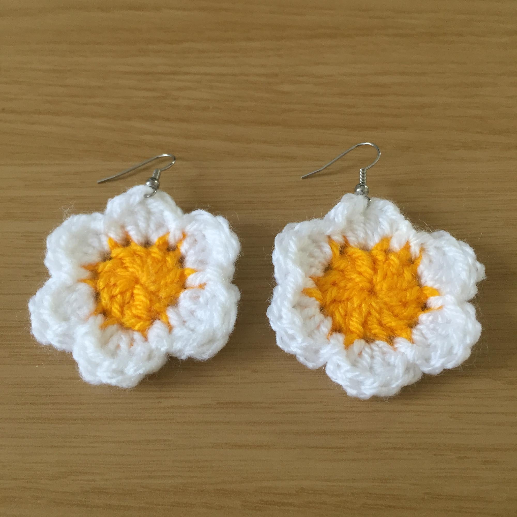 Yellow and White Daisy Crochet Flower Surgical Steel Hook Earrings