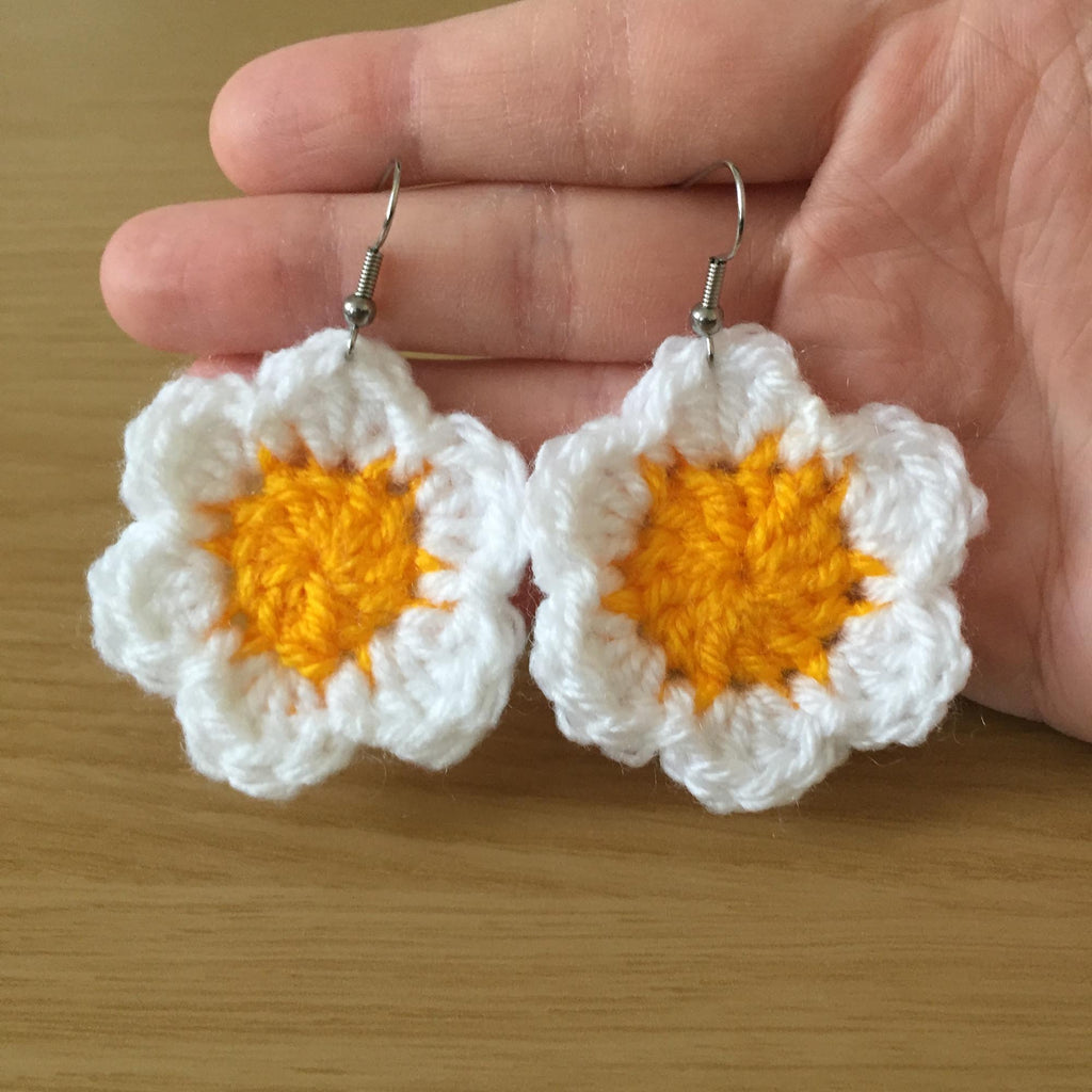 Yellow and White Daisy Crochet Flower Surgical Steel Hook Earrings
