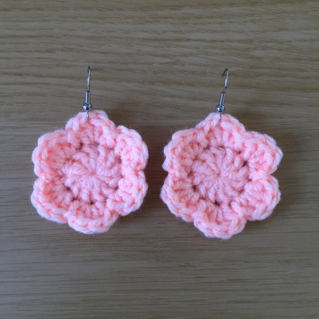 Peach Crochet Flower Surgical Steel Hook Earrings