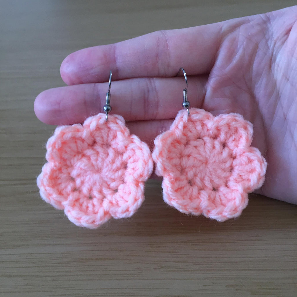 Peach Crochet Flower Surgical Steel Hook Earrings