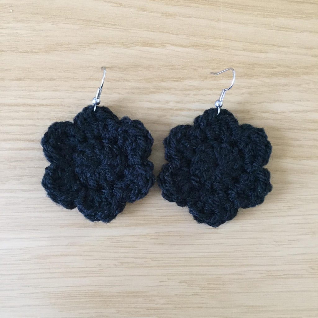 Black Crochet Flower Surgical Steel Hook Earrings