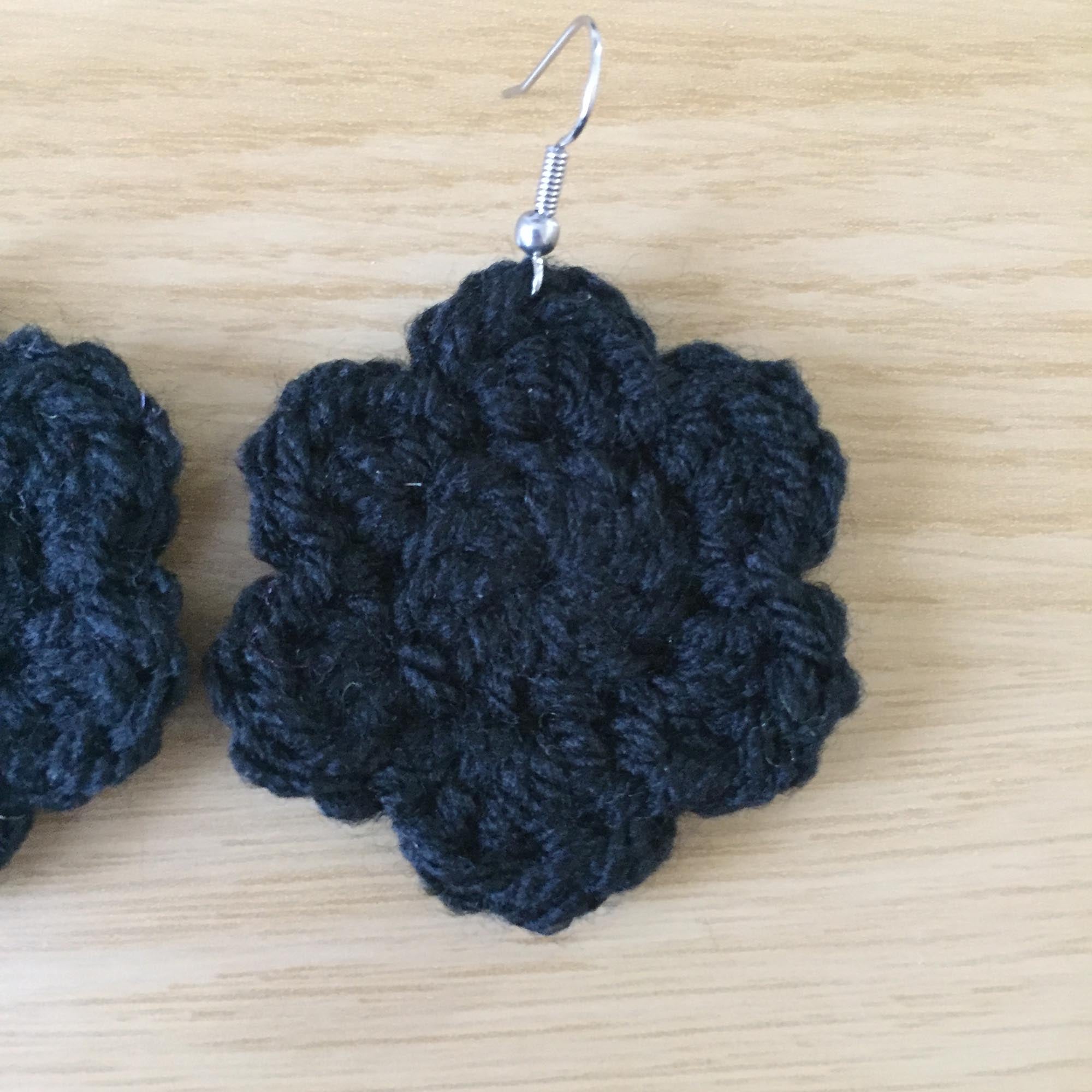 Black Crochet Flower Surgical Steel Hook Earrings