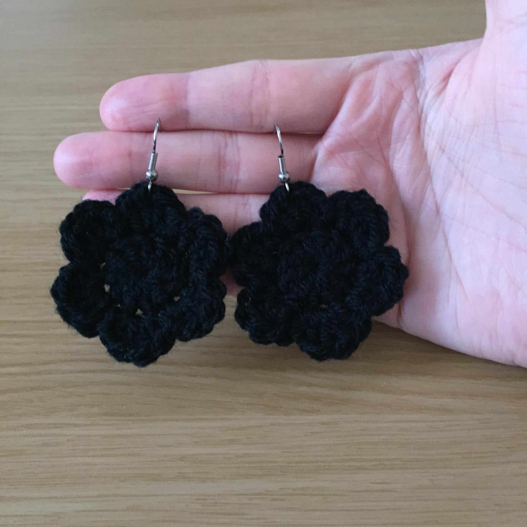 Black Crochet Flower Surgical Steel Hook Earrings