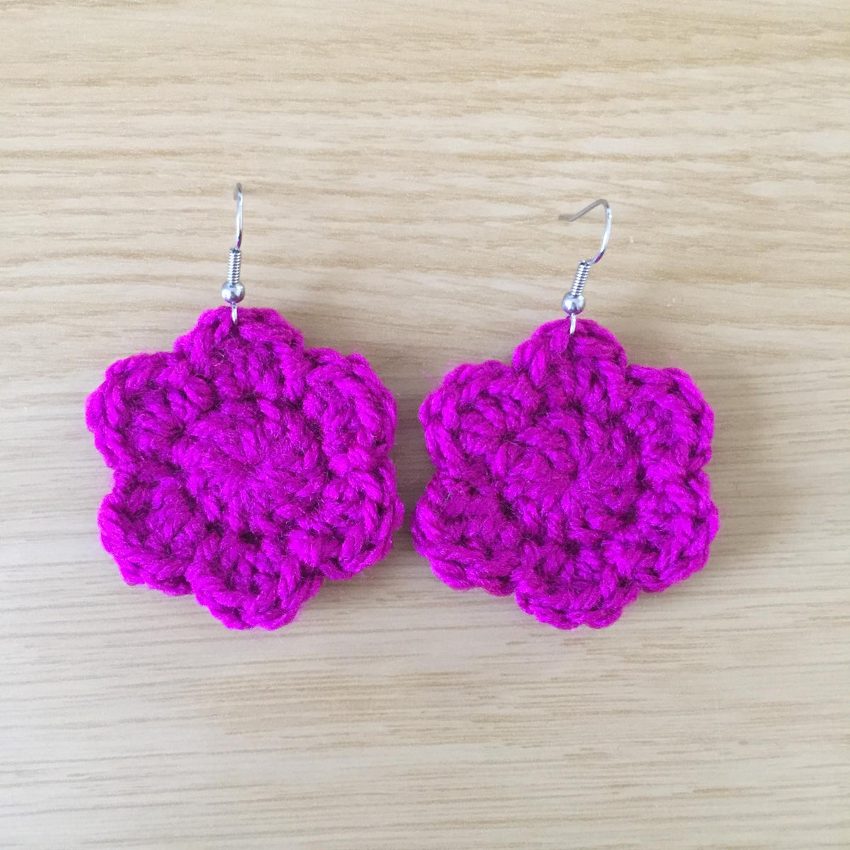 Magenta Crochet Flower Surgical Steel Hook Earrings