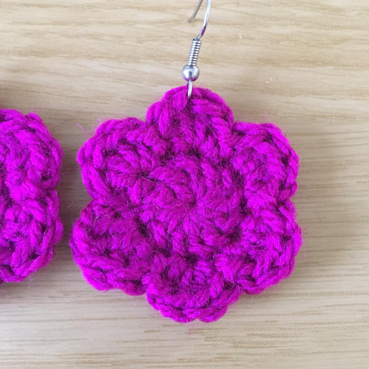 Magenta Crochet Flower Surgical Steel Hook Earrings