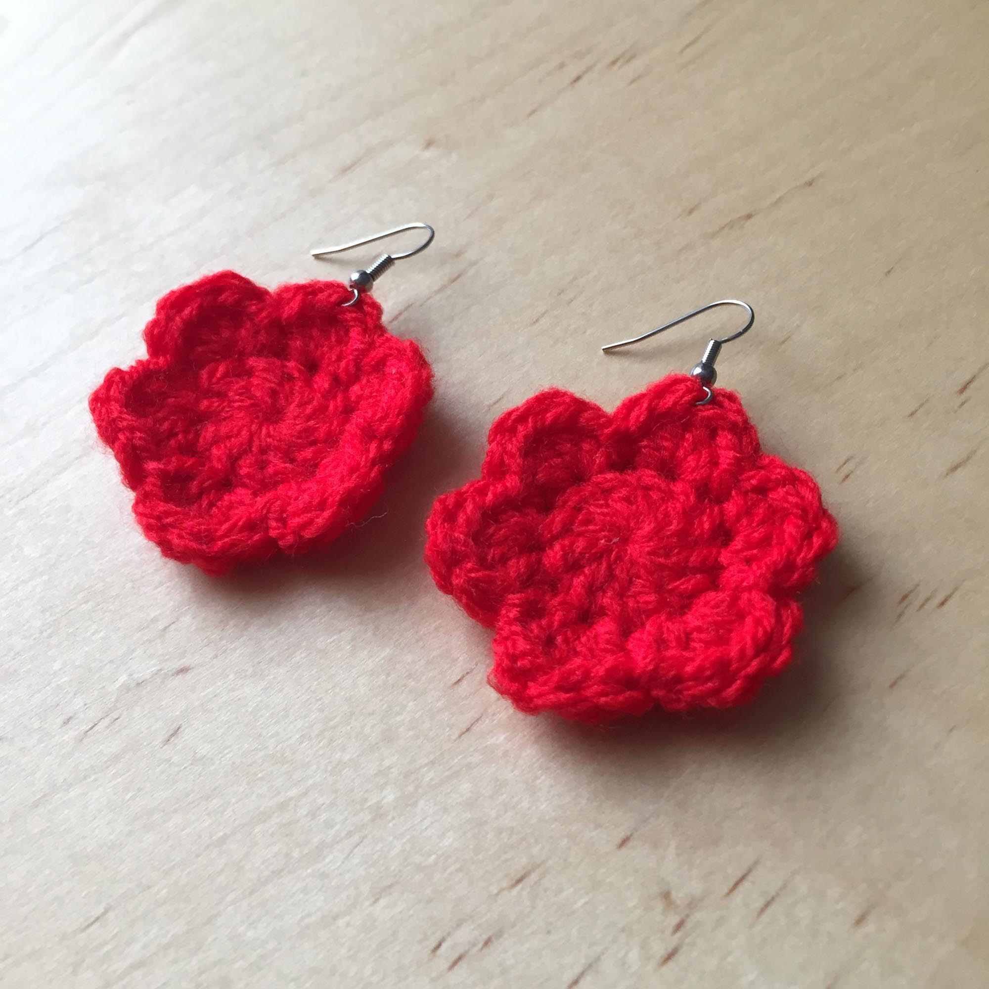 Red Crochet Flower Surgical Steel Hook Earrings